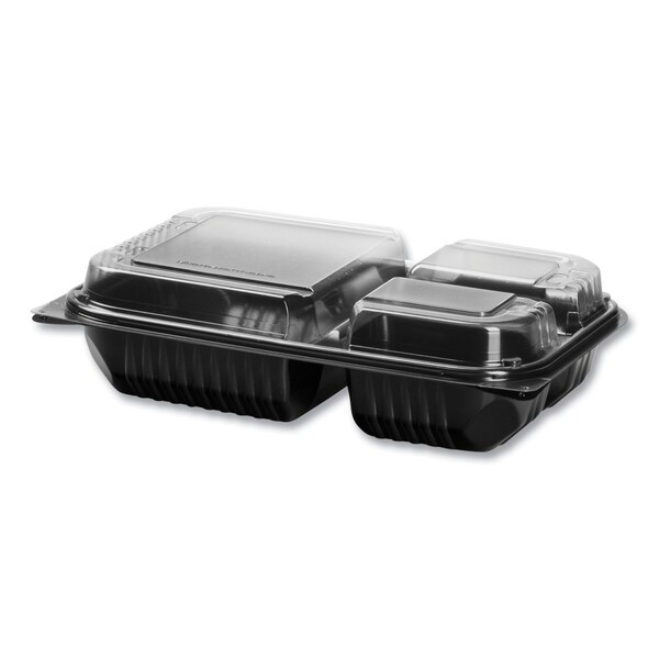 Solo Hinged-Lid Dinner Box, 3-Compartment, 32 oz, 11.5 x 8.1 x 3, Black/Clear, Plastic, 100PK - 919019-PM94