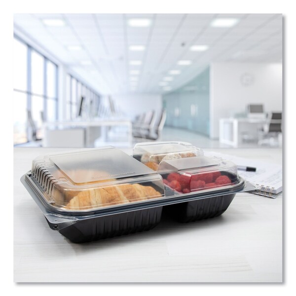 Solo Hinged-Lid Dinner Box, 3-Compartment, 32 oz, 11.5 x 8.1 x 3, Black/Clear, Plastic, 100PK - 919019-PM94