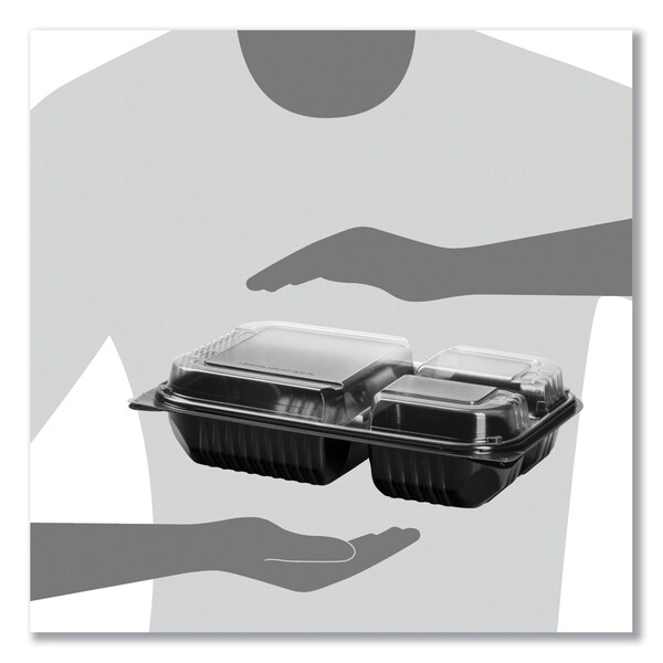Solo Hinged-Lid Dinner Box, 3-Compartment, 32 oz, 11.5 x 8.1 x 3, Black/Clear, Plastic, 100PK - 919019-PM94