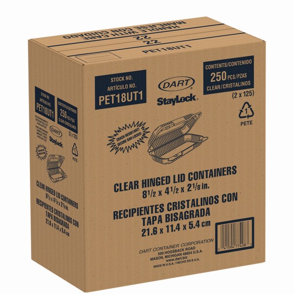 Dart StayLock Clear Hinged Lid Containers, 4.5 x 8.5 x 2.1, Clear, PET Plastic, 250PK - PET18UT1