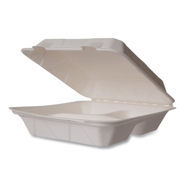 Vegware White Molded Fiber Clamshell Containers, 3-Compartment, 9 x 18 x 2, White, Sugarcane, PK200 - WHBRG-9-3 HW