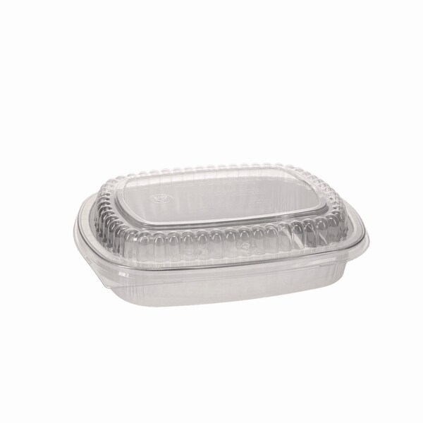 Pactiv Evergreen Classic Carry-Out Container with PET Dome Lid, 46 oz, 9.8 x 7.8 x 1.3, Silver/Clear, Aluminum, 50PK - Y6710PET