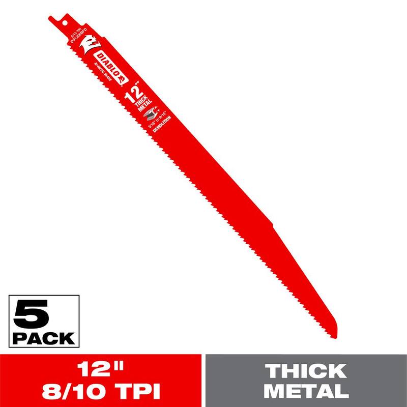 Hoja de sierra recíproca DIABLO 12 pulgadas 9/10TPI Steel Demon BiMetal para metal grueso/demolición (paquete de 5) - DS1208BFD5
