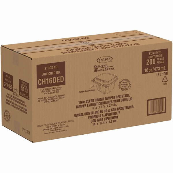 Dart ClearPac SafeSeal Tamper-Resistant/Evident Containers, Domed Lid, 16 oz, Clear, Plastic, 200PK - CH16DED