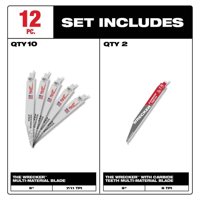 Milwaukee 9 pulgadas 7/11 TPI WRECKER Hojas de sierra reciproca bimetálicas para corte de materiales múltiples con dientes de carburo (paquete de 12) - 48-00-5706T-48-00-5706T