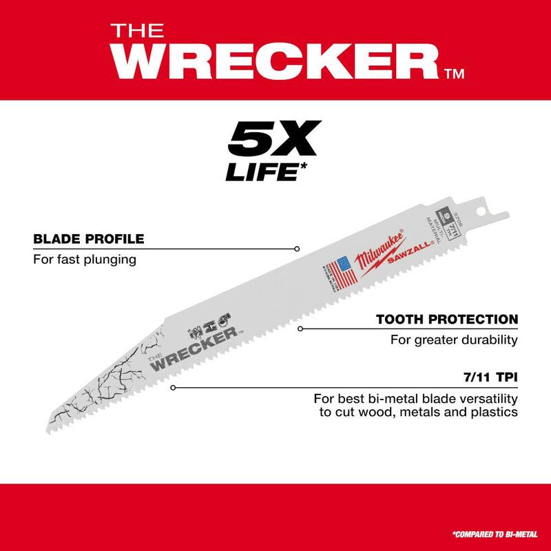 Milwaukee 9 pulgadas 7/11 TPI WRECKER Hojas de sierra reciproca bimetálicas para corte de materiales múltiples con dientes de carburo (paquete de 12) - 48-00-5706T-48-00-5706T