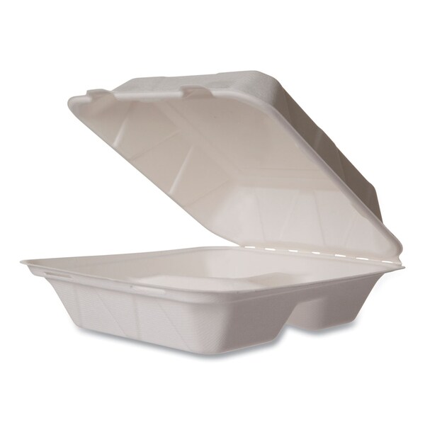 Vegware Nourish Molded Fiber Takeout Containers, 3-Compartment, 7.9 x 7.9 x 2.9, White, Sugarcane, PK200 - WH-8-3HW