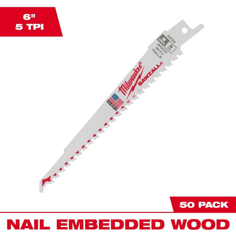 Milwaukee 6 pulgadas 5 TPI hojas de sierra alternativa Sawzall de corte de madera de fino calibre (paquete de 50) - 48-01-6035