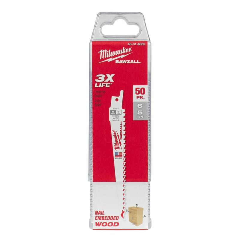 Milwaukee 6 pulgadas 5 TPI hojas de sierra alternativa Sawzall de corte de madera de fino calibre (paquete de 50) - 48-01-6035