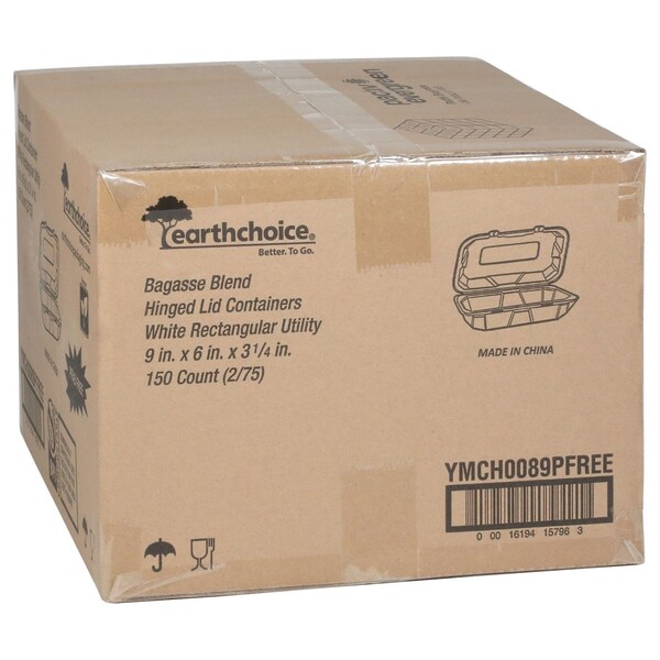 Pactiv Evergreen EarthChoice PFAS Free Compostable Hinged Lid Container, 9 x 6 x 3, Natural, Sugarcane, 150PK - YMCH0089PFFR