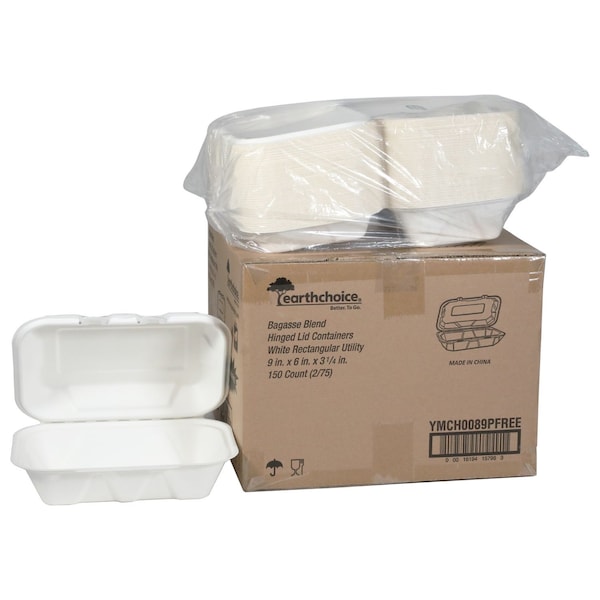Pactiv Evergreen EarthChoice PFAS Free Compostable Hinged Lid Container, 9 x 6 x 3, Natural, Sugarcane, 150PK - YMCH0089PFFR