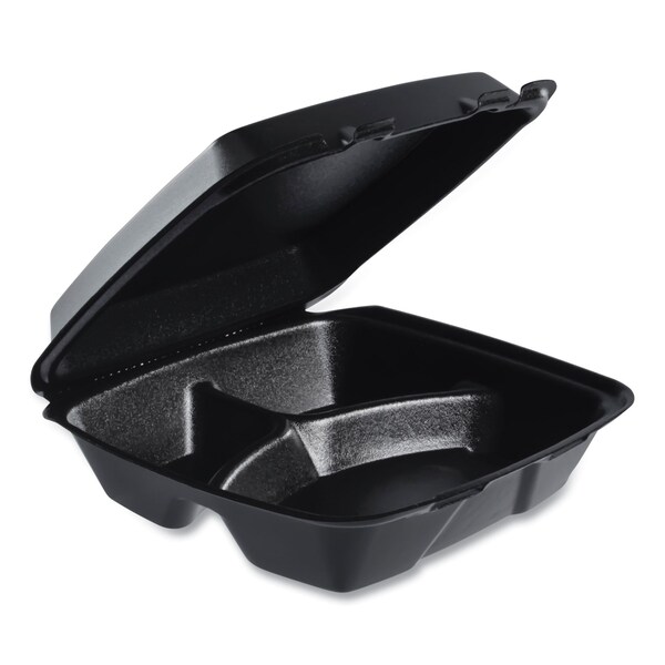 Dart Insulated Foam Hinged Lid Containers, 3-Compartment, 9.01 x 9.4 x 3.1, Black, 200PK - 90HTPFB3R