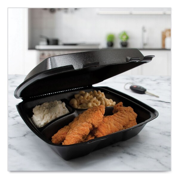 Dart Insulated Foam Hinged Lid Containers, 3-Compartment, 9.01 x 9.4 x 3.1, Black, 200PK - 90HTPFB3R