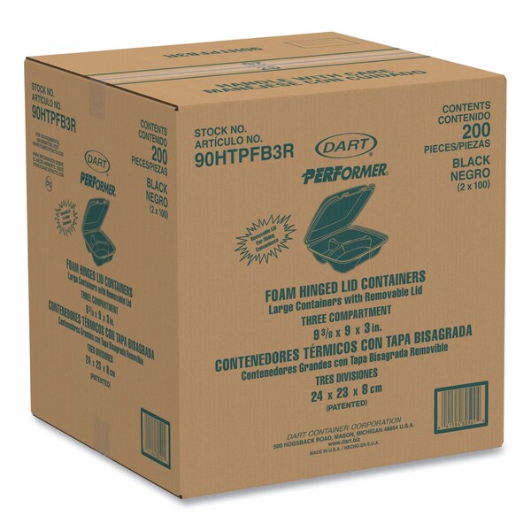 Dart Insulated Foam Hinged Lid Containers, 3-Compartment, 9.01 x 9.4 x 3.1, Black, 200PK - 90HTPFB3R