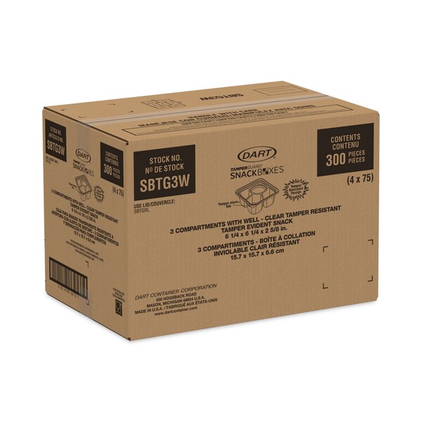 Dart TamperGuard Snack Boxes, 3-Compartment, 6.3 x 6.3 x 2.6, Clear, Plastic, 300PK - SBTG3W