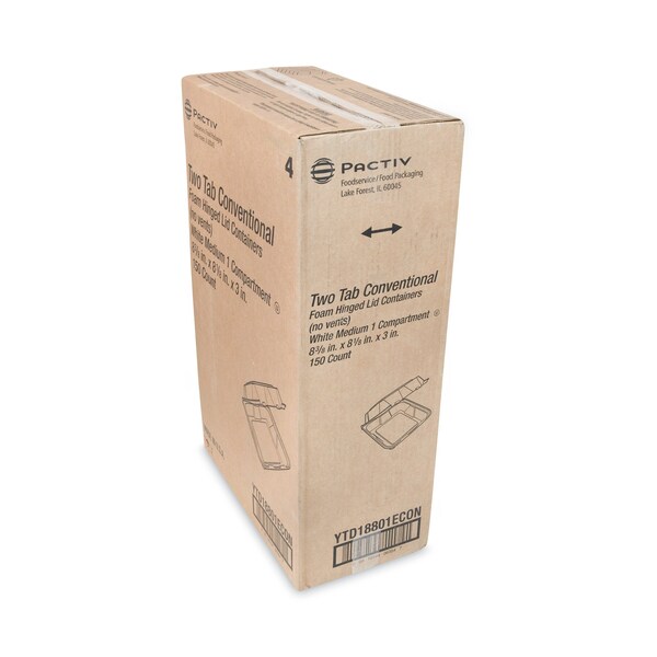 Pactiv Foam Hinge Lid Container, Dual Tab Lock, 8.42x8.15x3, 1-Cmp, Wt, PK150 - YTD18801ECON