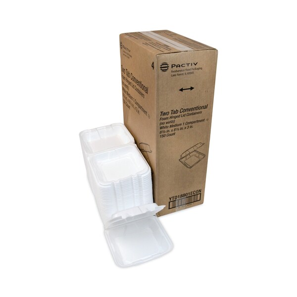 Pactiv Foam Hinge Lid Container, Dual Tab Lock, 8.42x8.15x3, 1-Cmp, Wt, PK150 - YTD18801ECON