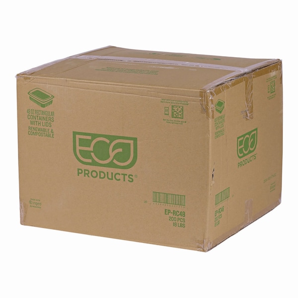 Eco-Products Renewable and Compostable Rectangular Deli Containers, 48 oz, 8 x 6 x 2, Clear, PK200, 200PK - EP-RC48