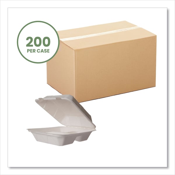 Vegware White Molded Fiber Clamshell Containers, 3-Compartment, 7.9 x 7.9 x 2.9, White, Sugarcane, PK200 - WHBRG-8-3 HW