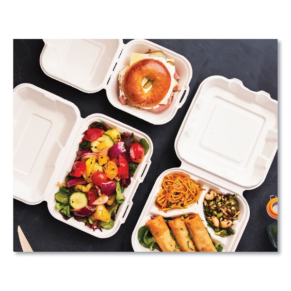 Vegware White Molded Fiber Clamshell Containers, 3-Compartment, 7.9 x 7.9 x 2.9, White, Sugarcane, PK200 - WHBRG-8-3 HW