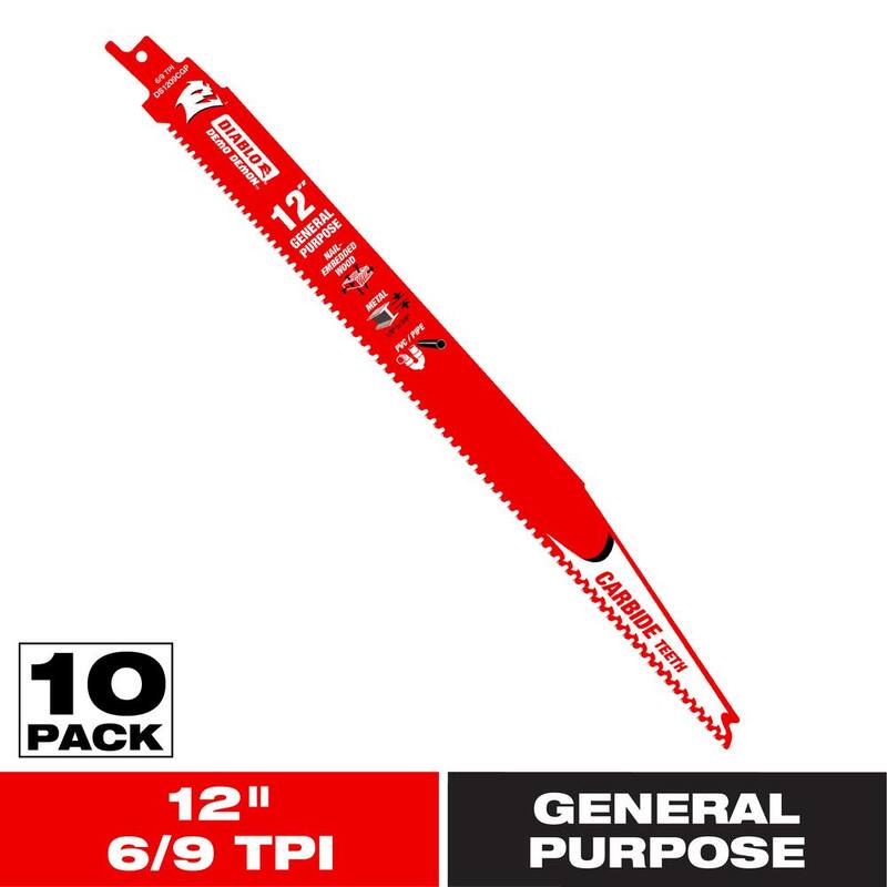 DIABLO 12 pulgadas 6/9 TPI Hojas de sierra reciproca con punta de carburo Demo Demon para cortes de propósito general - DS1209CGP10