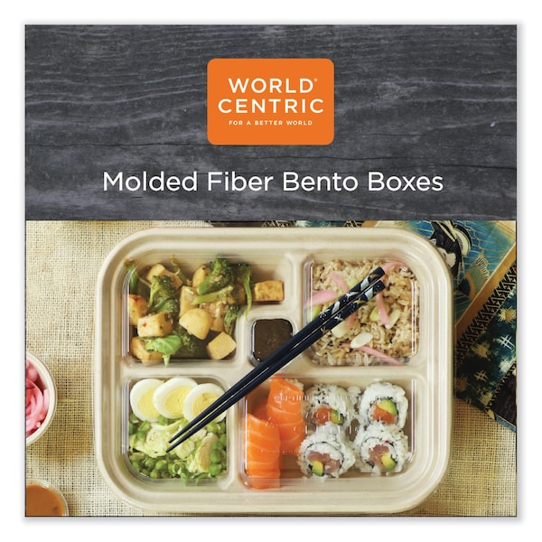 World Centric Fiber Containers, Bento Box, 5-Compartment, 12 x 9.5 x 2, Natural, Paper, 300PK - TR-SC-BB-LFS