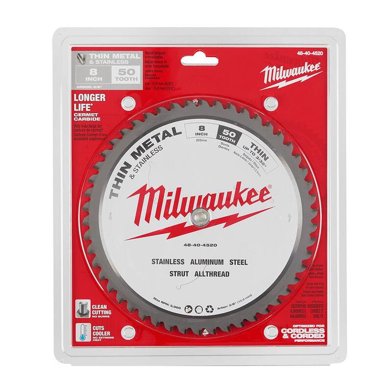 Milwaukee 8 pulgadas x 50 Dientes de Carburo Hoja de Sierra Circular para Cortar Metal Delgado y Acero Inoxidable - 48-40-4520
