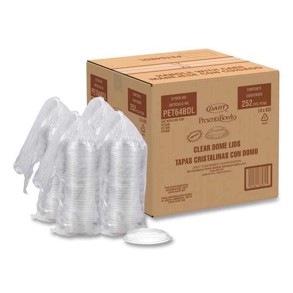 Dart PresentaBowls Lids, Clear, Fits 24-64 oz Bowls, 7.3in. Diameter x 1.1in.h, Plastic, 252PK - PET64BDL