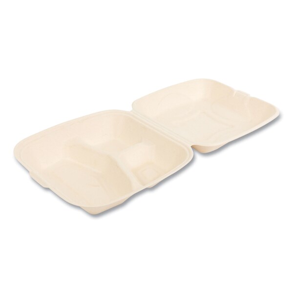 Boardwalk Bagasse PFAS-Free Food Containers, 3-Compartment, 9 x 1.93 x 9, White, Bamboo/Sugarcane, 200PK - HL-93BW-NPFA