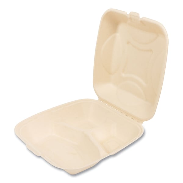 Boardwalk Bagasse PFAS-Free Food Containers, 3-Compartment, 9 x 1.93 x 9, White, Bamboo/Sugarcane, 200PK - HL-93BW-NPFA