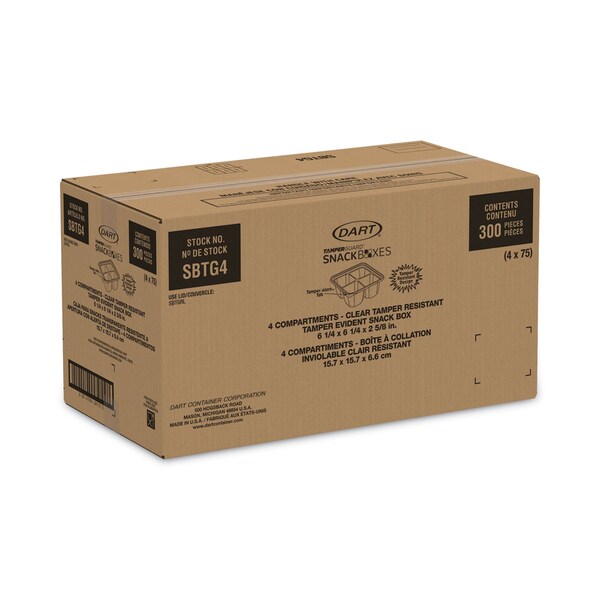 Dart TamperGuard Snack Boxes, 4-Compartment, 6.3 x 6.3 x 2.6, Clear, Plastic, 300PK - SBTG4