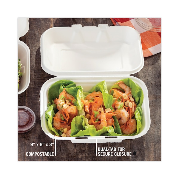 Pactiv Bagasse Hinged Lid Container, 9.1 x 6.1 x 3.3, 1-Comp, Natural, PK150 - YMCH00890001