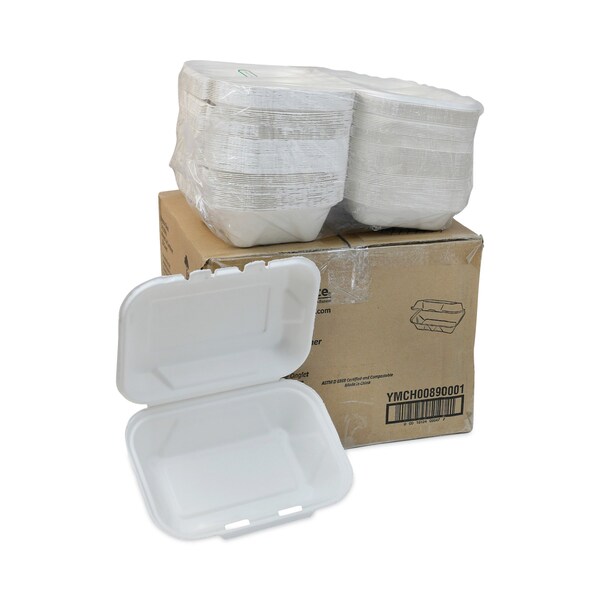 Pactiv Bagasse Hinged Lid Container, 9.1 x 6.1 x 3.3, 1-Comp, Natural, PK150 - YMCH00890001