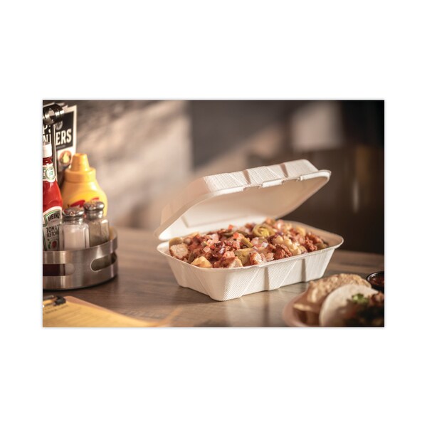Pactiv Bagasse Hinged Lid Container, 9.1 x 6.1 x 3.3, 1-Comp, Natural, PK150 - YMCH00890001