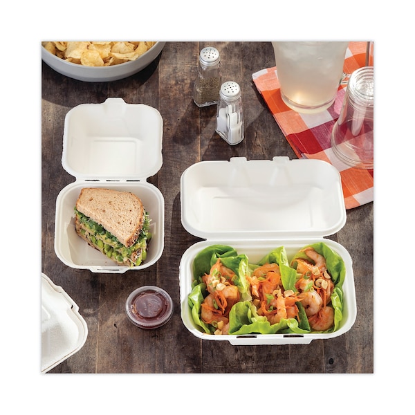 Pactiv Bagasse Hinged Lid Container, 9.1 x 6.1 x 3.3, 1-Comp, Natural, PK150 - YMCH00890001