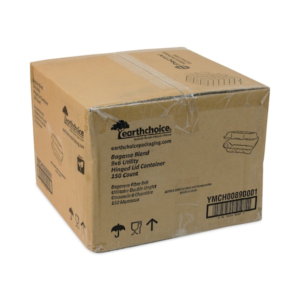 Pactiv Bagasse Hinged Lid Container, 9.1 x 6.1 x 3.3, 1-Comp, Natural, PK150 - YMCH00890001