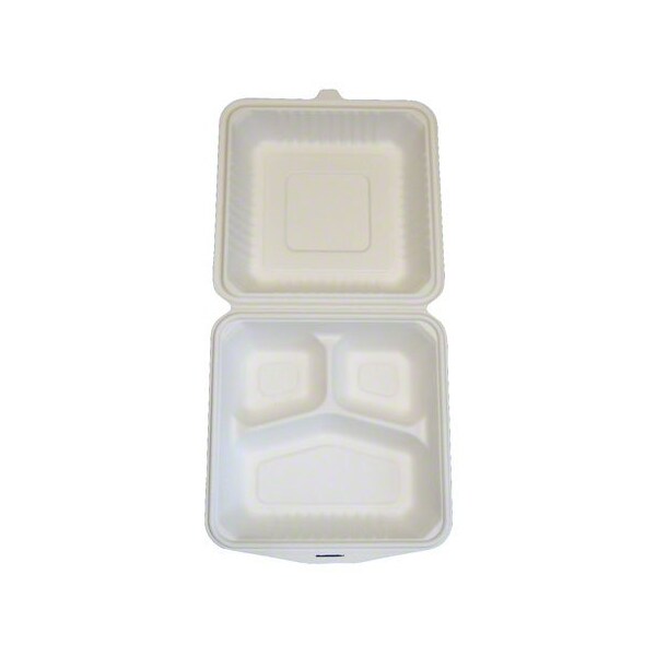Americareroyal PrimeWare Hinged Container Molded Fiber 3-Comp 8x8x2.5, 100PK - HL-83