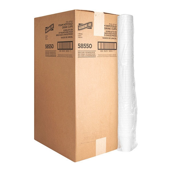 Genuine Joe Hot/Cold Foam Cups, 8 Fl Oz, Wht, PK1000 - GJO58550