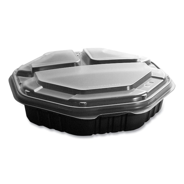 Solo OctaView Hinged-Lid Hot Food Containers, 3-Compartment, 38 oz, Black/Clear, Plastic, 100PK - 809014-PP94