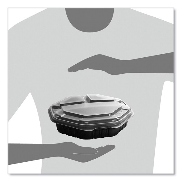 Solo OctaView Hinged-Lid Hot Food Containers, 3-Compartment, 38 oz, Black/Clear, Plastic, 100PK - 809014-PP94