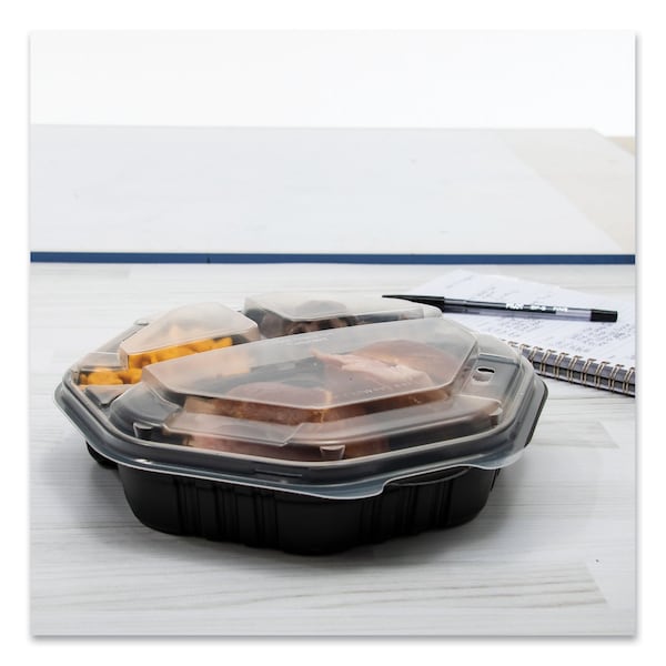Solo OctaView Hinged-Lid Hot Food Containers, 3-Compartment, 38 oz, Black/Clear, Plastic, 100PK - 809014-PP94