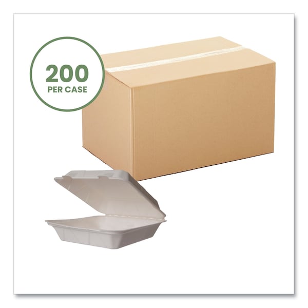 Vegware White Molded Fiber Clamshell Containers, 9 x 18 x 2, White, Sugarcane, PK200 - WHBRG-9 HW