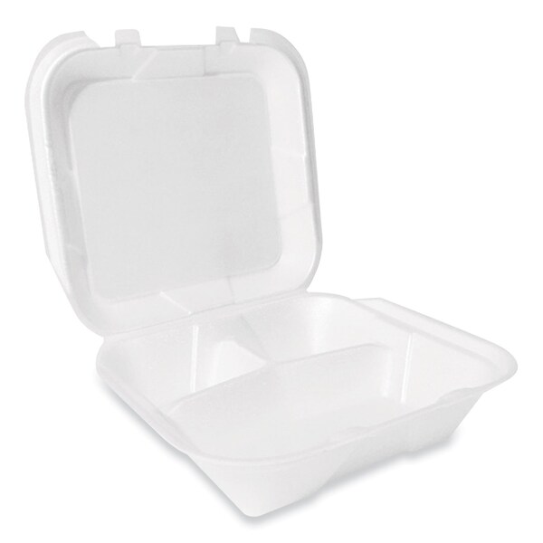 Plastifar Foam Hinged Lid Container, Secure Two Tab Latch, Poly Bag, 3-Compartment, 9 x 9 x 3, White, 200PK - 12094