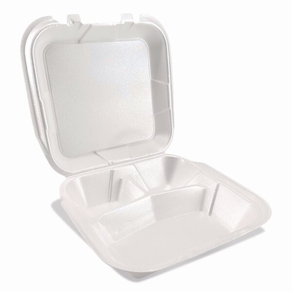 Plastifar Foam Hinged Lid Containers, 3-Compartment, 9 x 10 x 3, White, Foam, 200PK - 12083