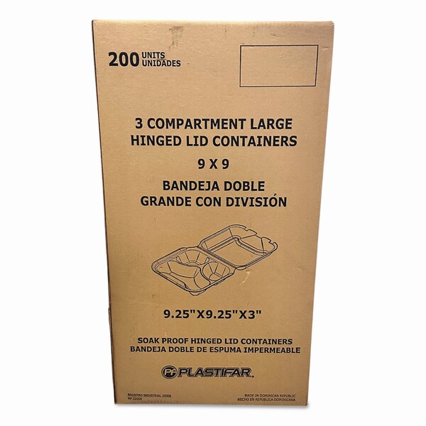 Plastifar Foam Hinged Lid Containers, 3-Compartment, 9 x 10 x 3, White, Foam, 200PK - 12083