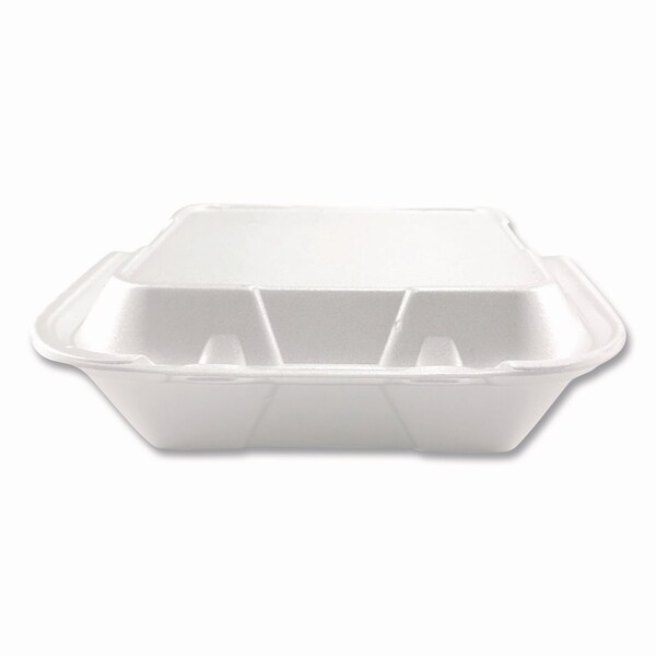 Plastifar Foam Hinged Lid Containers, 3-Compartment, 9 x 10 x 3, White, Foam, 200PK - 12083