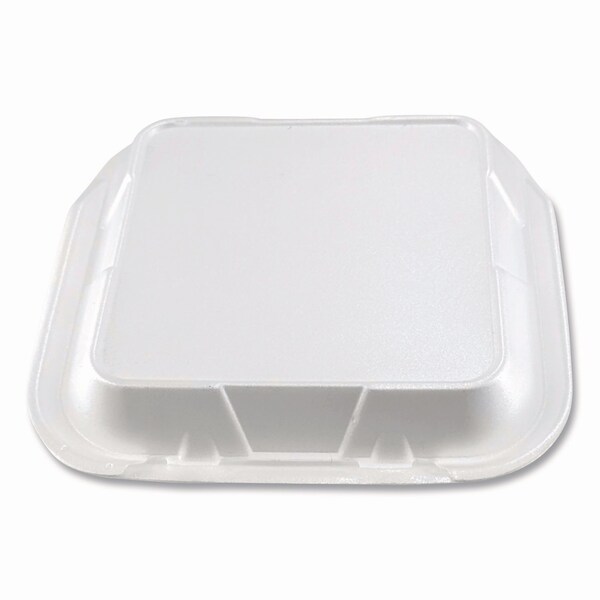 Plastifar Foam Hinged Lid Containers, 3-Compartment, 9 x 10 x 3, White, Foam, 200PK - 12083