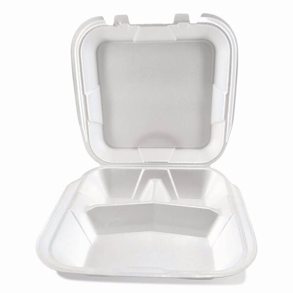 Plastifar Foam Hinged Lid Containers, 3-Compartment, 9 x 10 x 3, White, Foam, 200PK - 12083