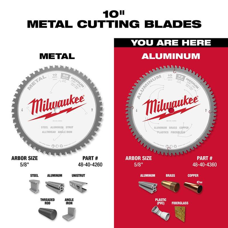 Hoja de sierra circular para corte de aluminio con 72 dientes de carburo de 10 pulgadas de Milwaukee - 48-40-4360