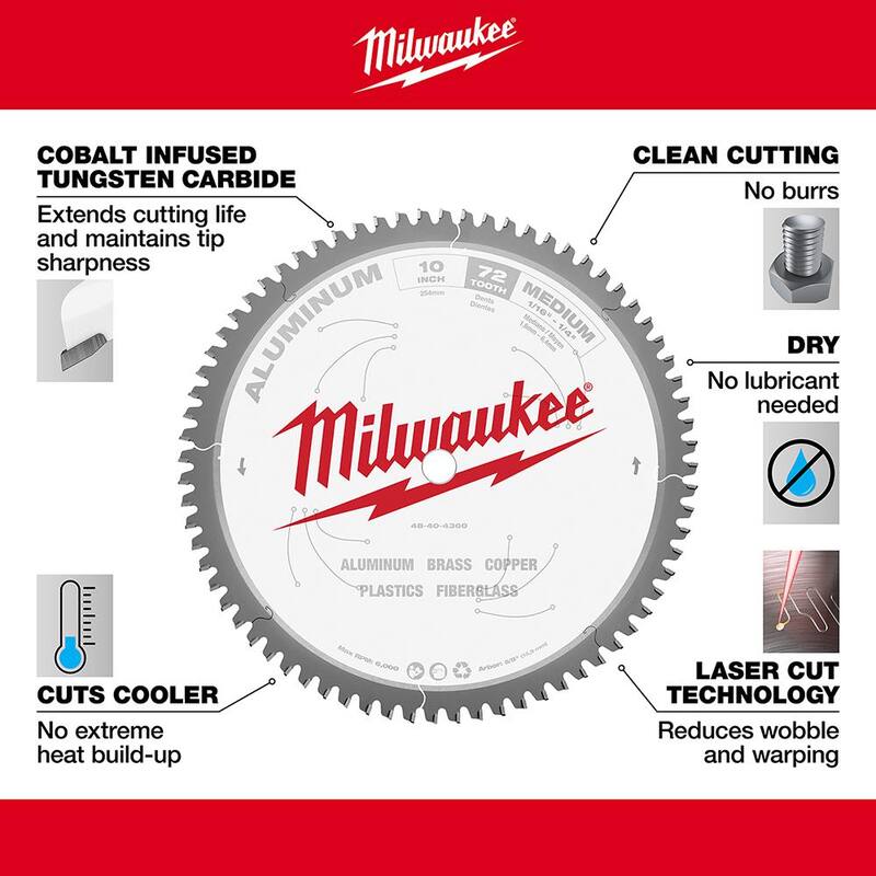 Hoja de sierra circular para corte de aluminio con 72 dientes de carburo de 10 pulgadas de Milwaukee - 48-40-4360
